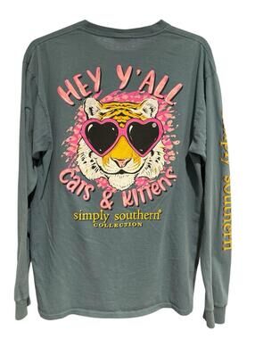 Simply Southern Women’s T Shirt Large Blue “Cars and Kittens” Long Sleeve